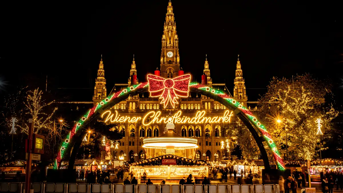 Wiener Christkindlmarkt at Rathausplatz in Vienna at night